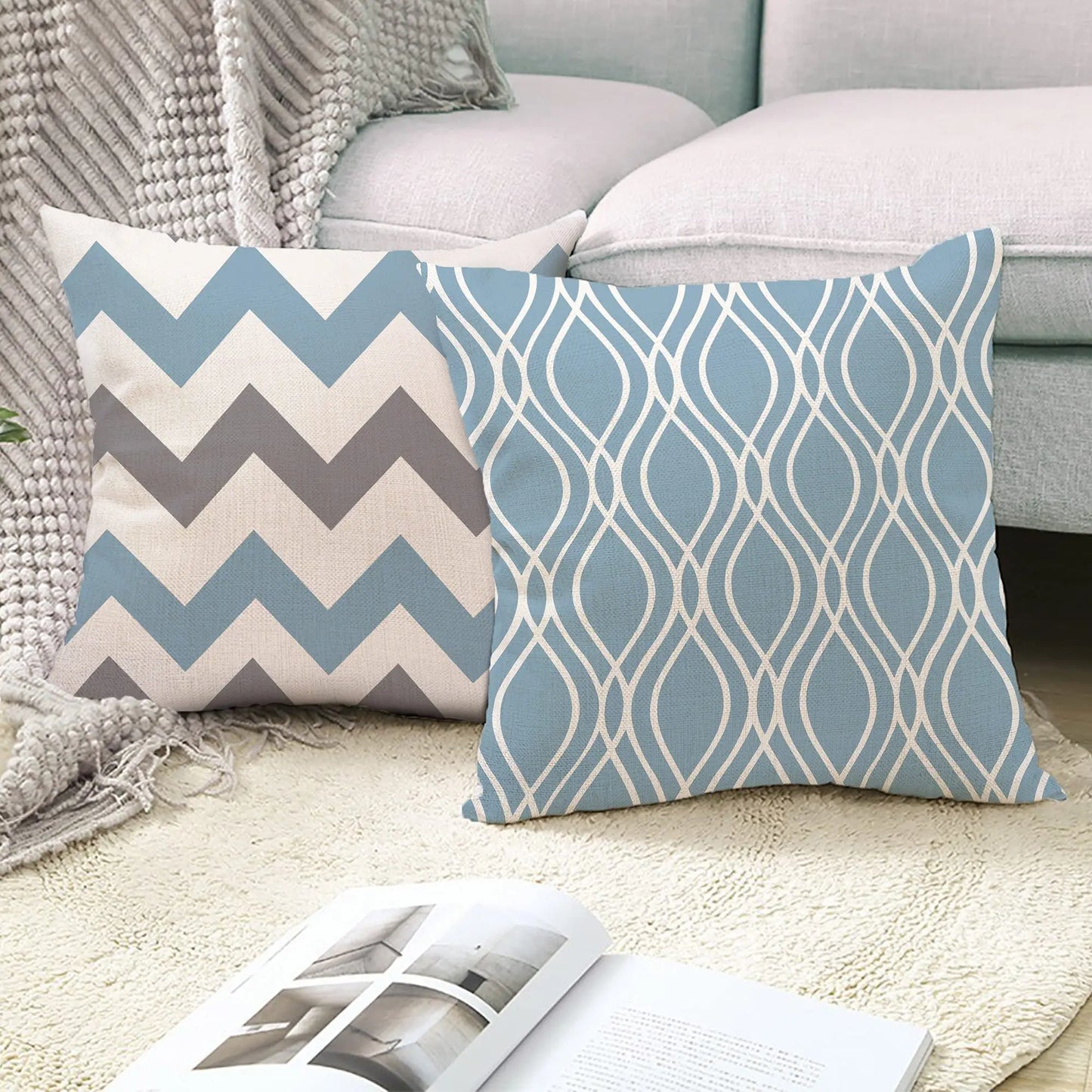 Lake Blue & White Geometric Linen Pillowcase