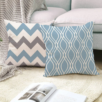 Lake Blue & White Geometric Linen Pillowcase
