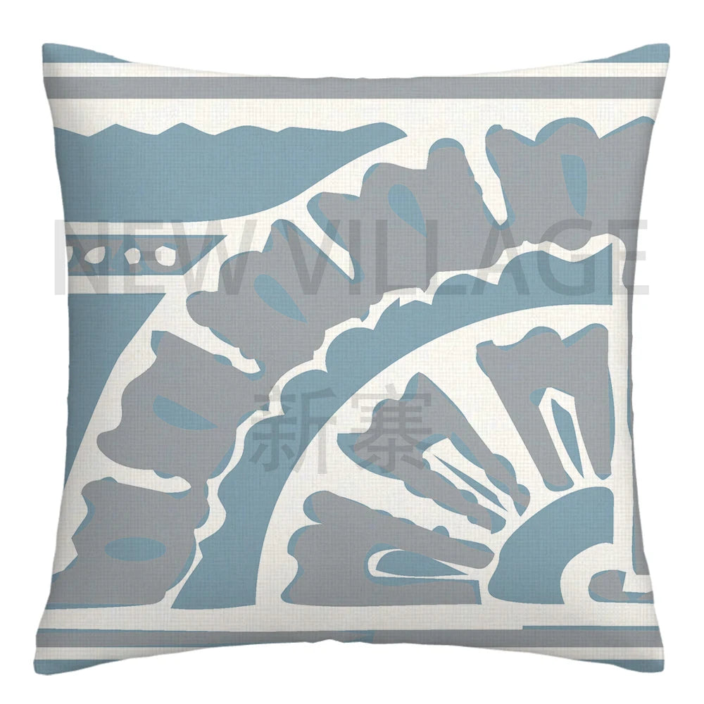 Lake Blue & White Geometric Linen Pillowcase