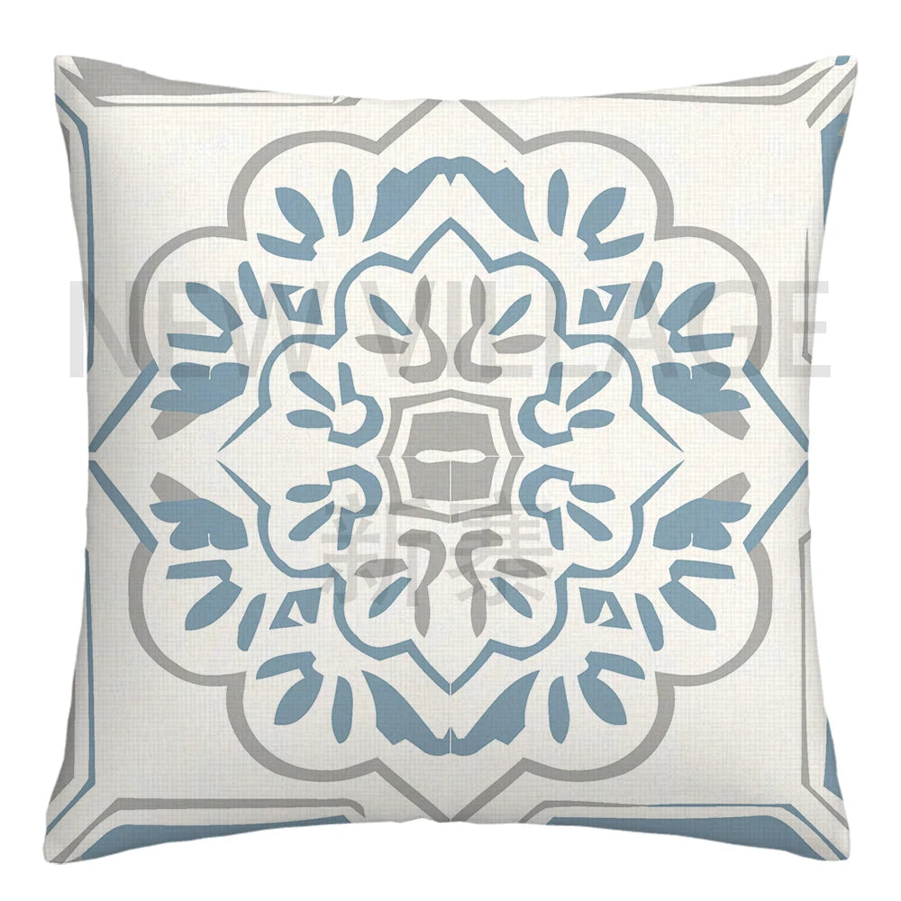 Lake Blue & White Geometric Linen Pillowcase