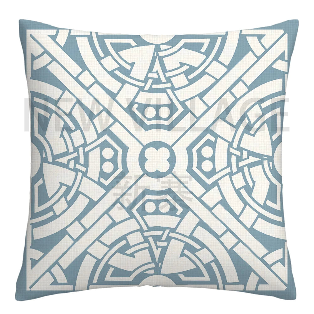 Lake Blue & White Geometric Linen Pillowcase