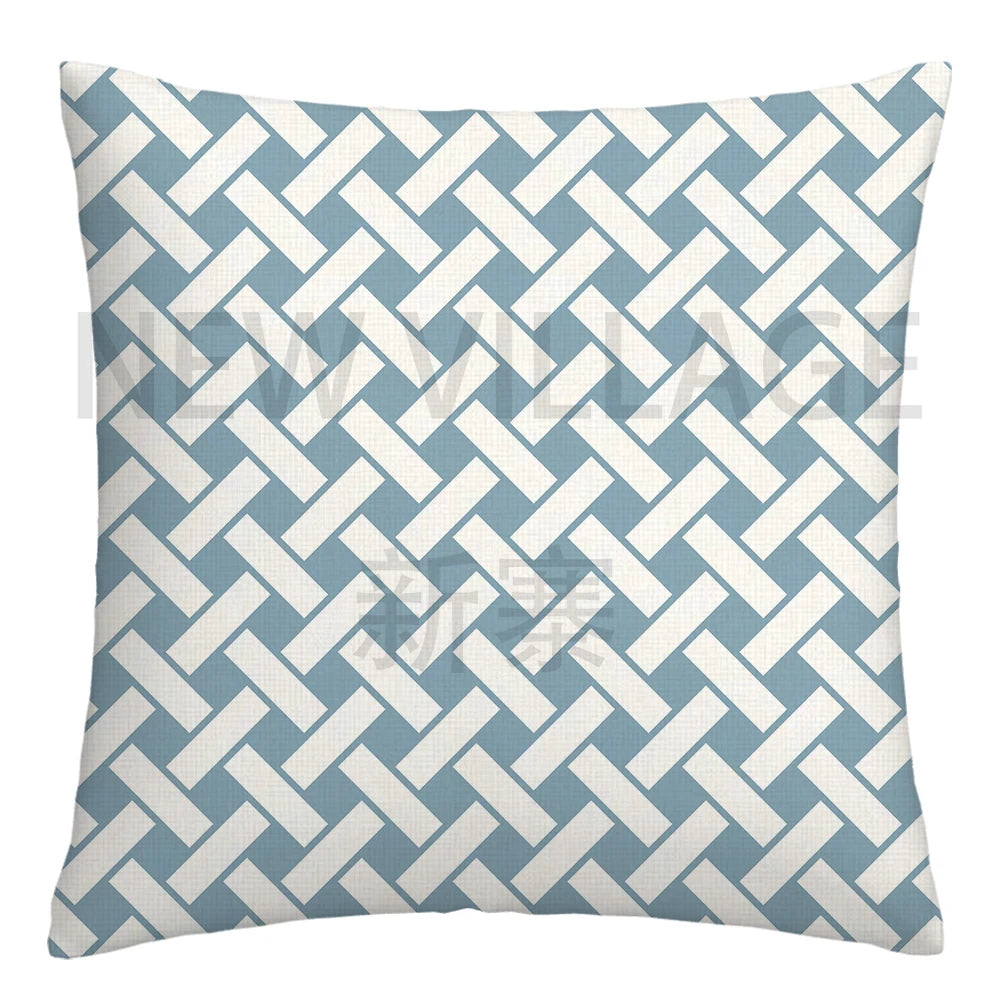 Lake Blue & White Geometric Linen Pillowcase