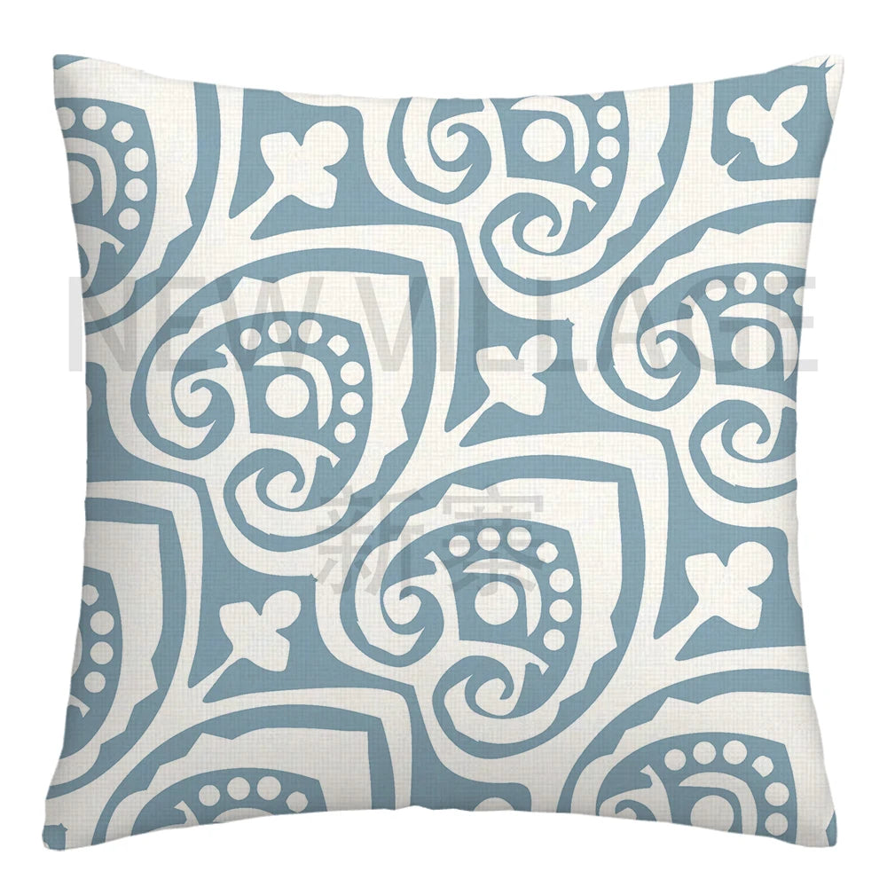 Lake Blue & White Geometric Linen Pillowcase