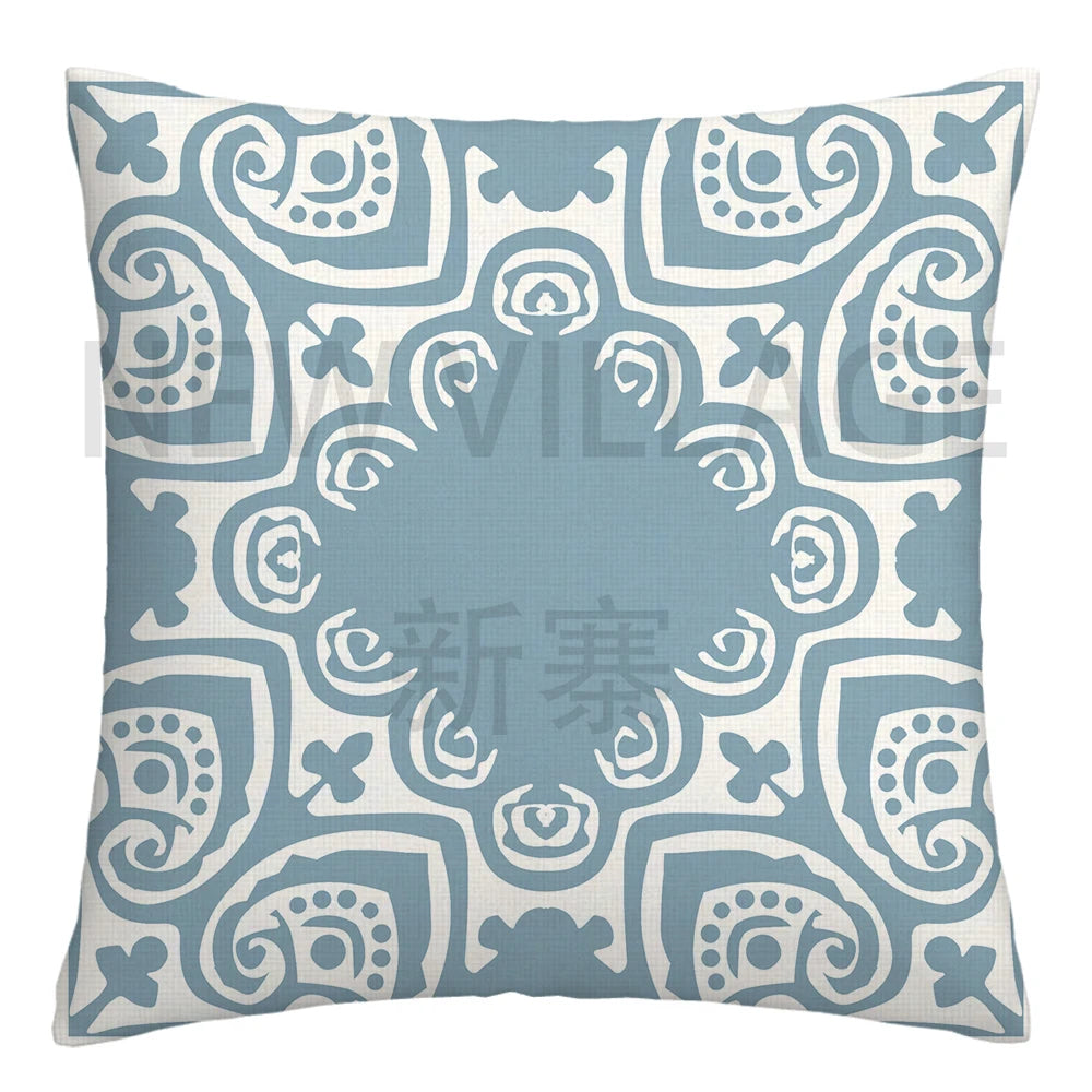 Lake Blue & White Geometric Linen Pillowcase