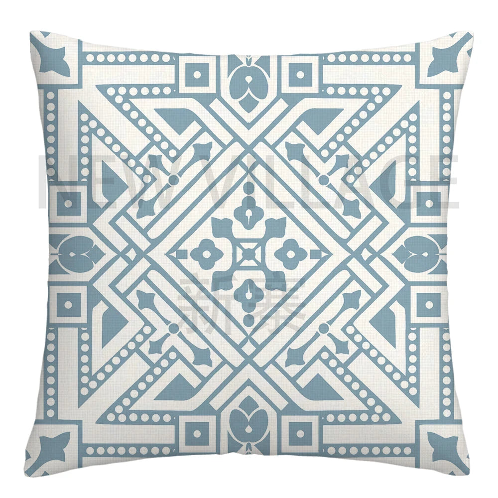 Lake Blue & White Geometric Linen Pillowcase