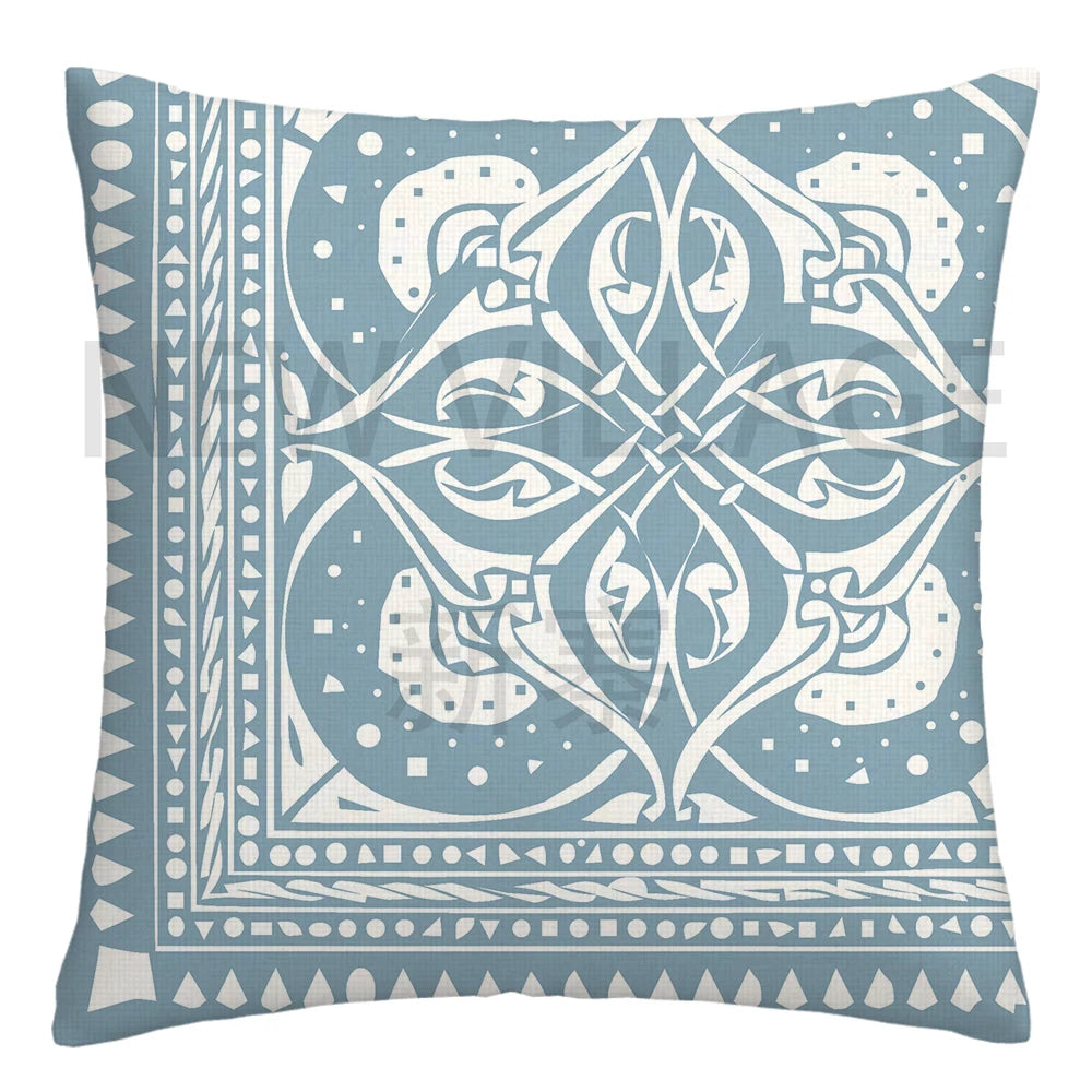 Lake Blue & White Geometric Linen Pillowcase