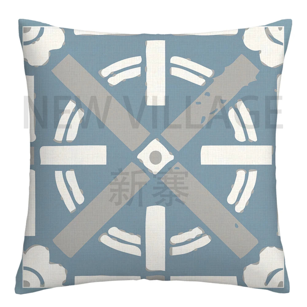 Lake Blue & White Geometric Linen Pillowcase