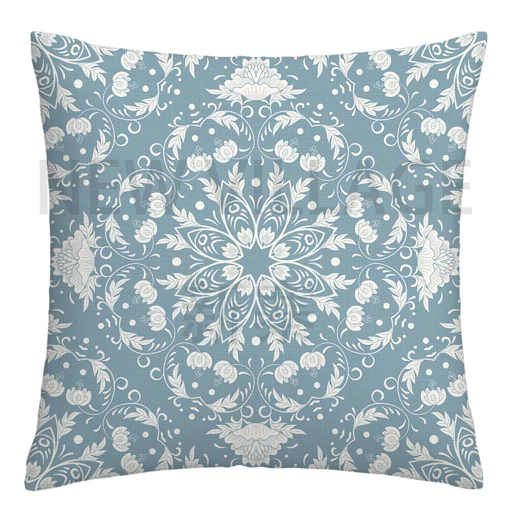 Lake Blue & White Geometric Linen Pillowcase